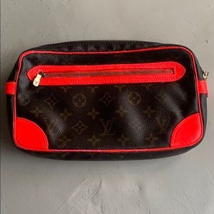 Auth Louis Vuitton neon red pochette cosmetic bag